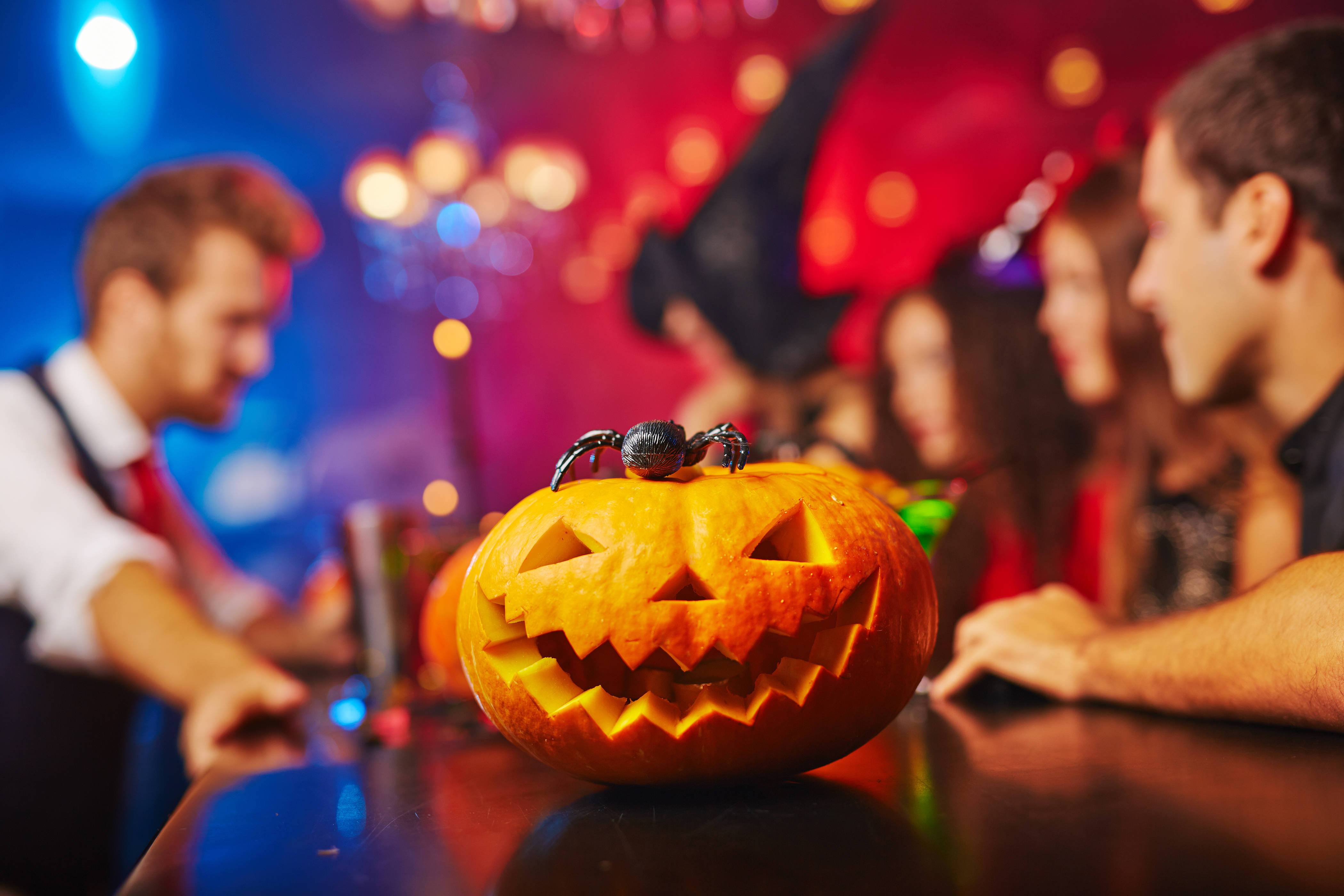 jack-o'-lantern, spider, bar counter, 4K Desktop Wallpaper