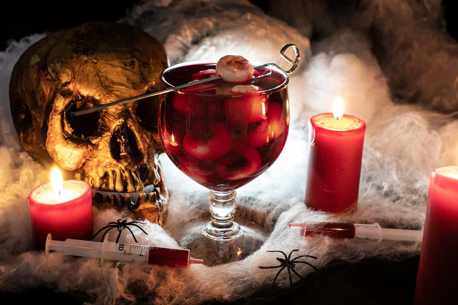 Halloween Cocktails, skull candlelit drink, red candles, HD Desktop Wallpaper