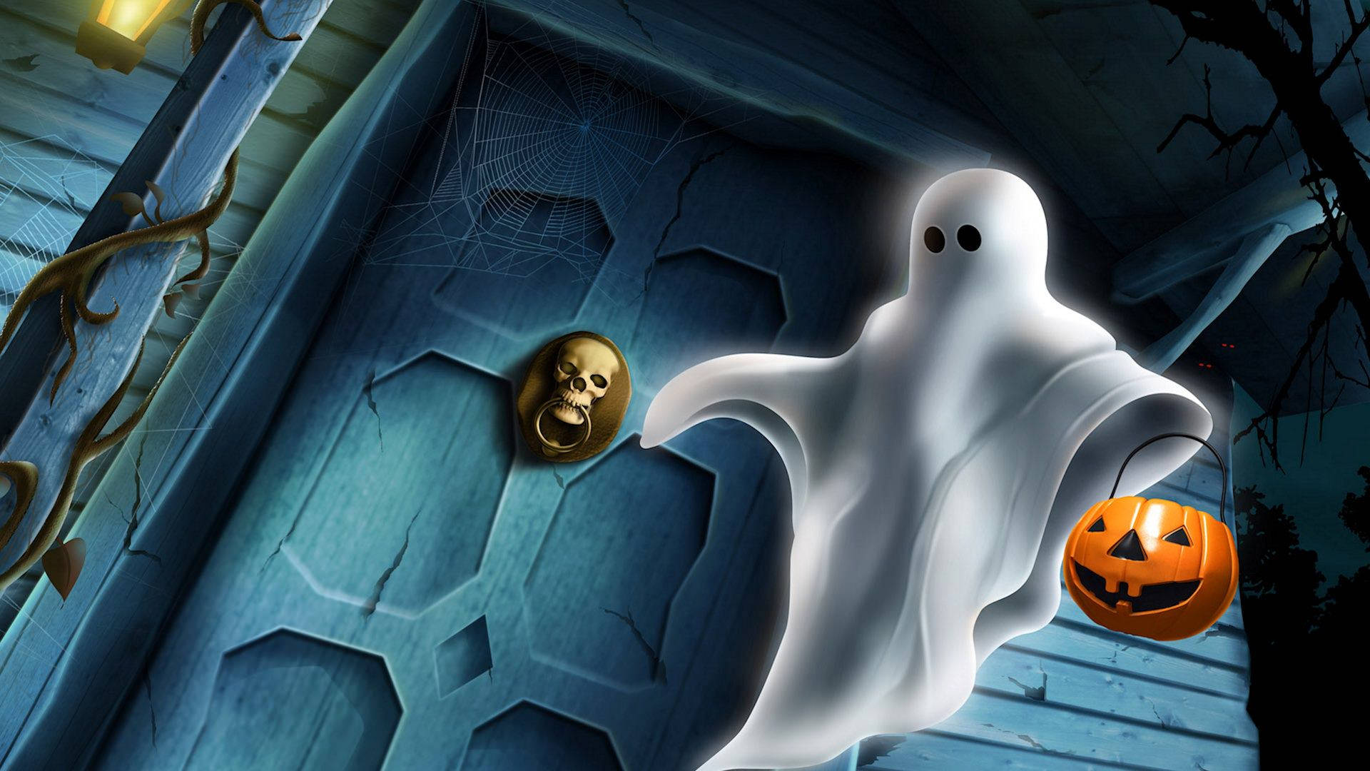 ghost, pumpkin bucket, orange jack-o-lantern lantern, Full HD Desktop Wallpaper