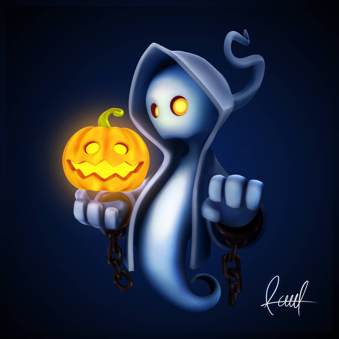 glowing blue ghost, hood, bright orange jack-o-lantern, SD Desktop Wallpaper