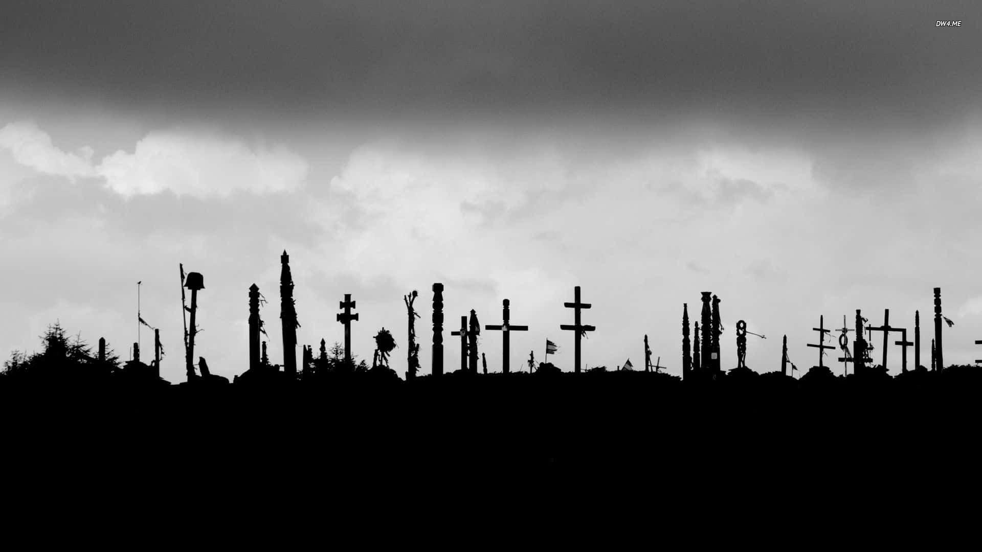Halloween graveyard, moody overcast sky, monochrome cemetery scene, Full HD Desktop Wallpaper