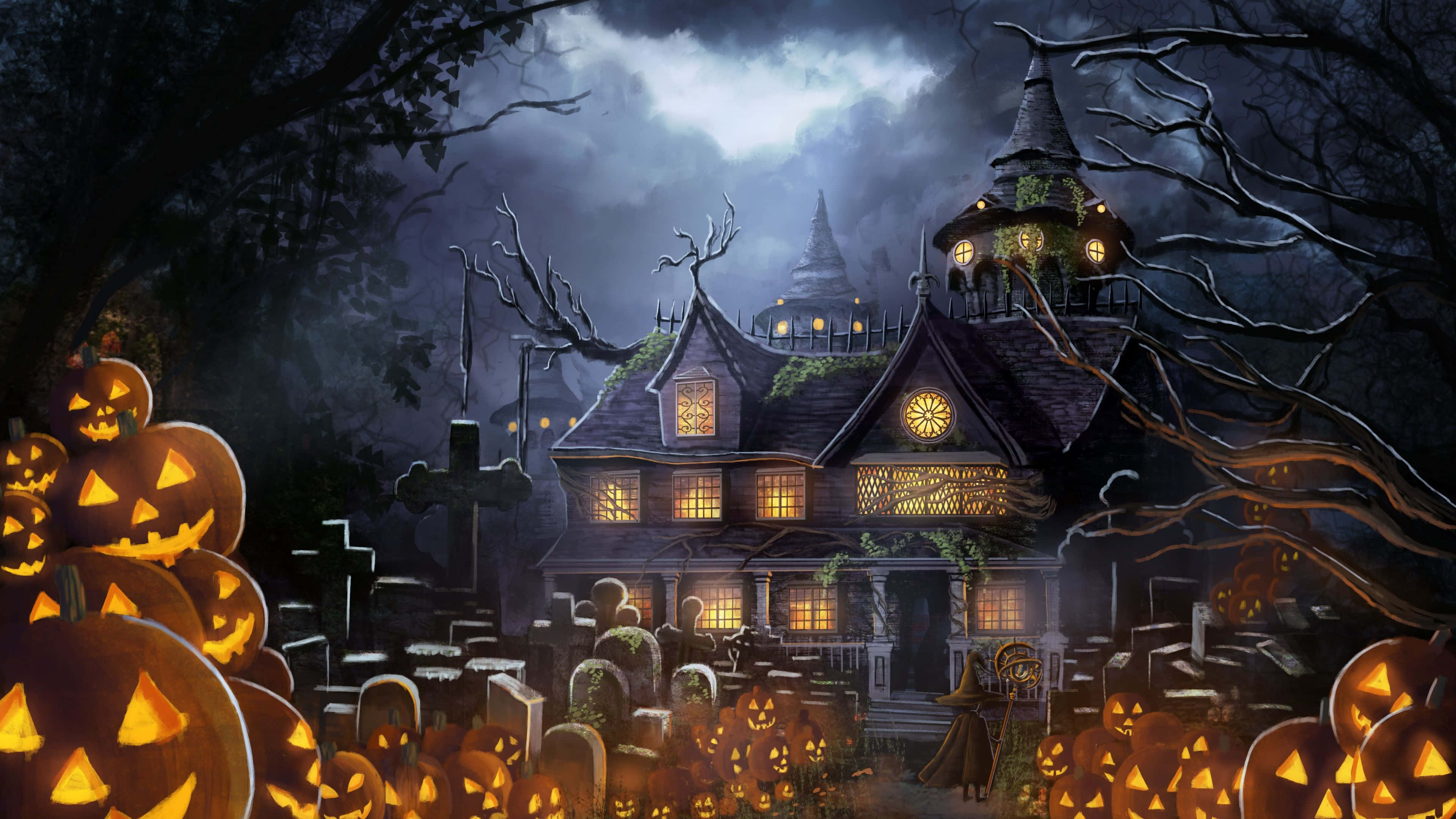 Halloween, graveyard, jack-o'-lanterns, 4K Desktop Wallpaper