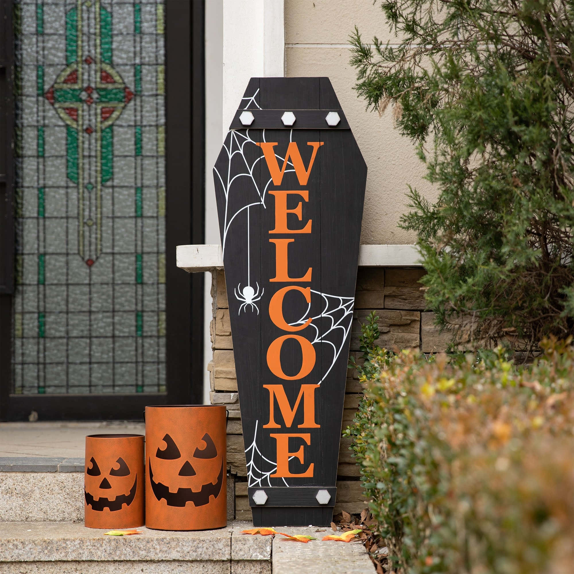 Halloween Coffins, black coffin-shaped welcome sign, orange letters, Full HD Desktop Wallpaper