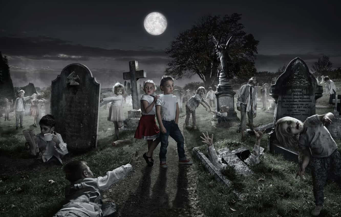 Halloween graveyard, full moon, eerie mist, HD Desktop Wallpaper
