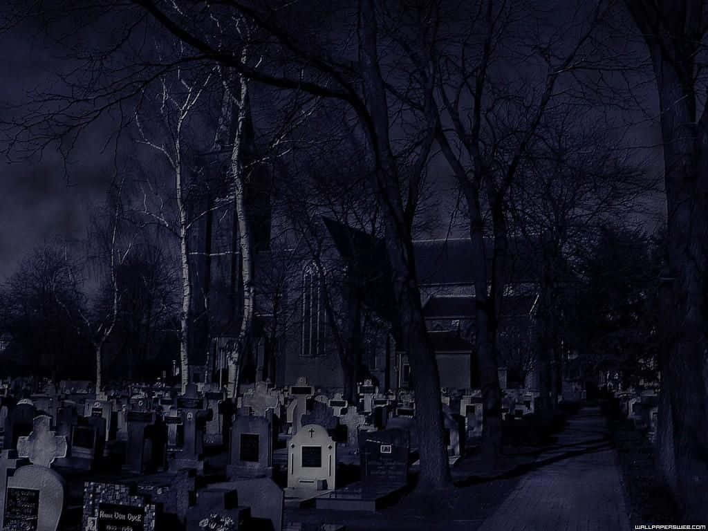 Halloween Graveyard, moonlit cemetery, bare trees, SD Desktop Wallpaper