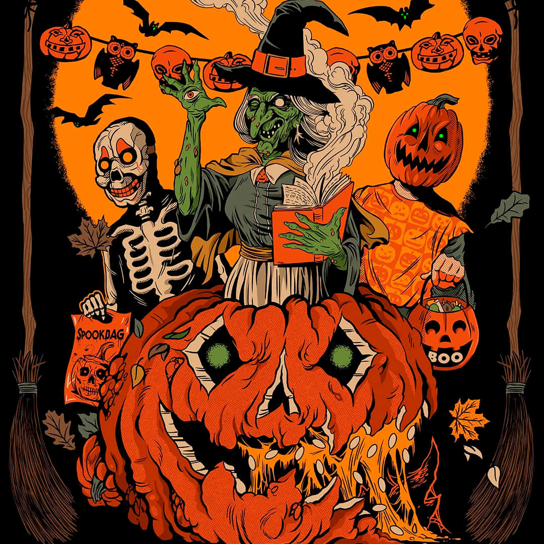 witch skeleton, pumpkin-headed child, giant melting jack-o-lantern, SD Desktop Wallpaper