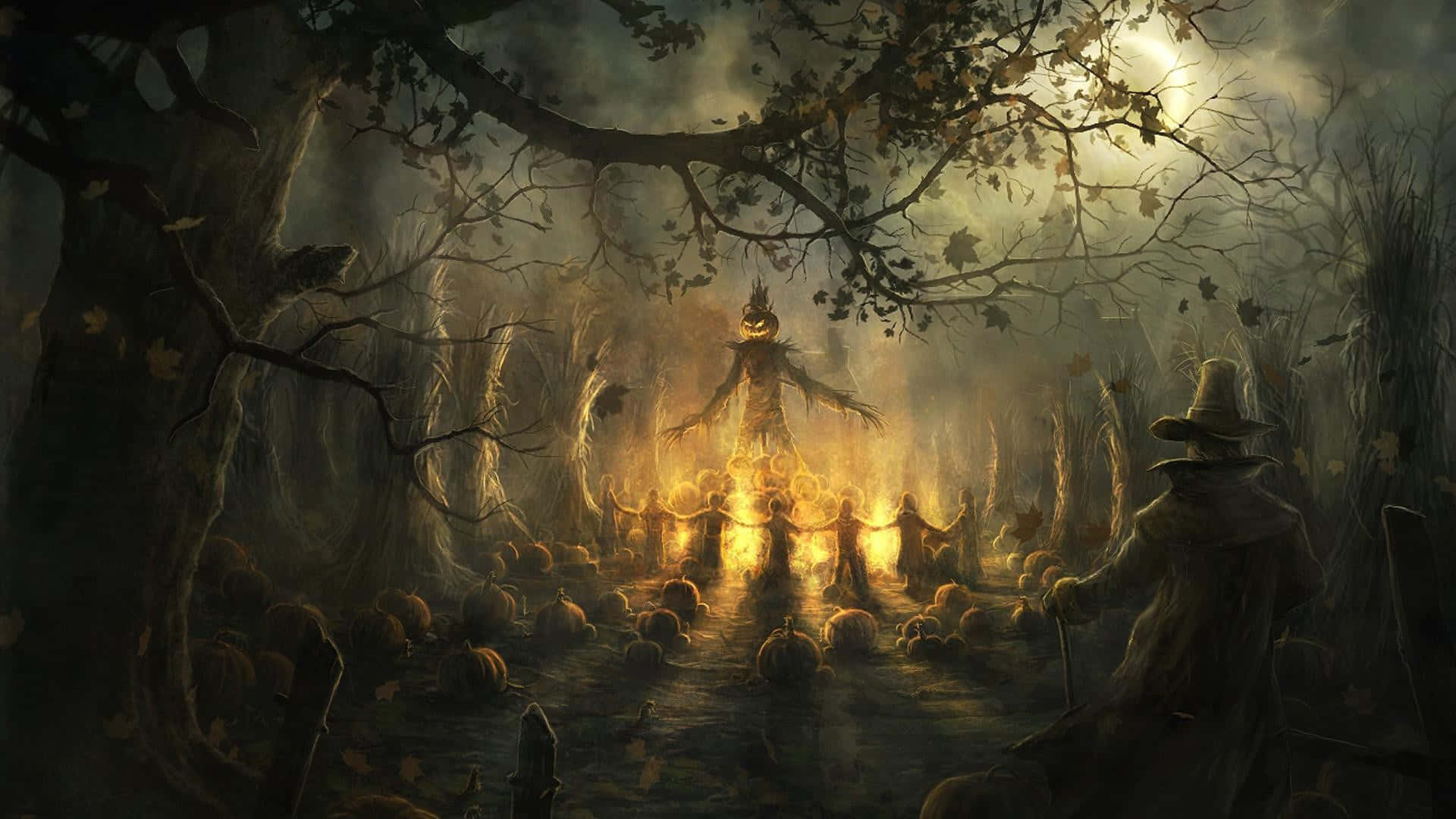 scarecrow, glowing pumpkins, misty autumn forest, Full HD Desktop Wallpaper