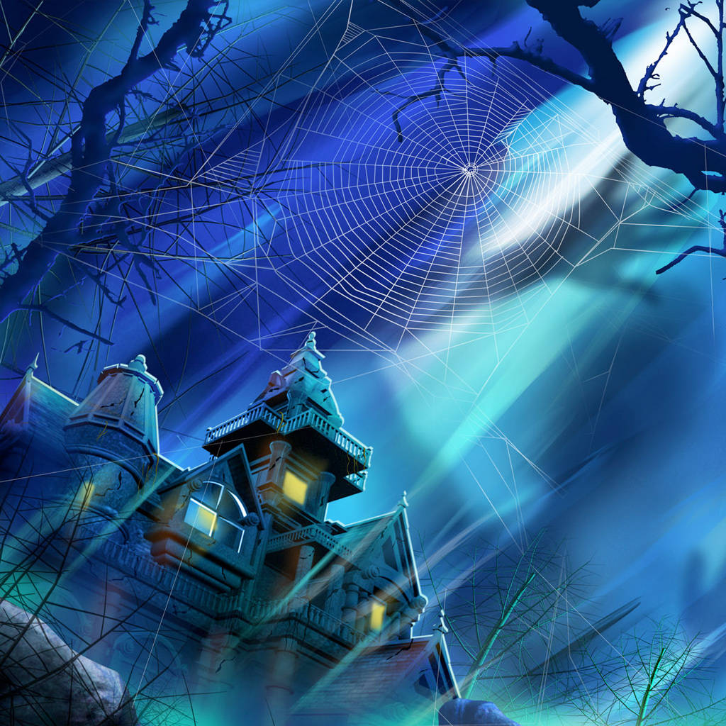 Halloween iPad Theme, haunted mansion, glowing windows, SD Desktop Wallpaper