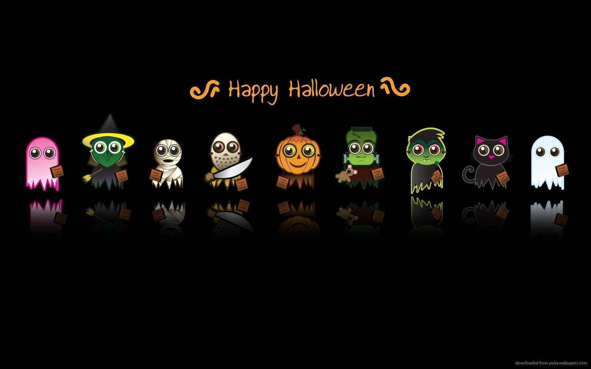 Halloween Characters, cute cartoon Halloween characters, black background, Full HD Desktop Wallpaper
