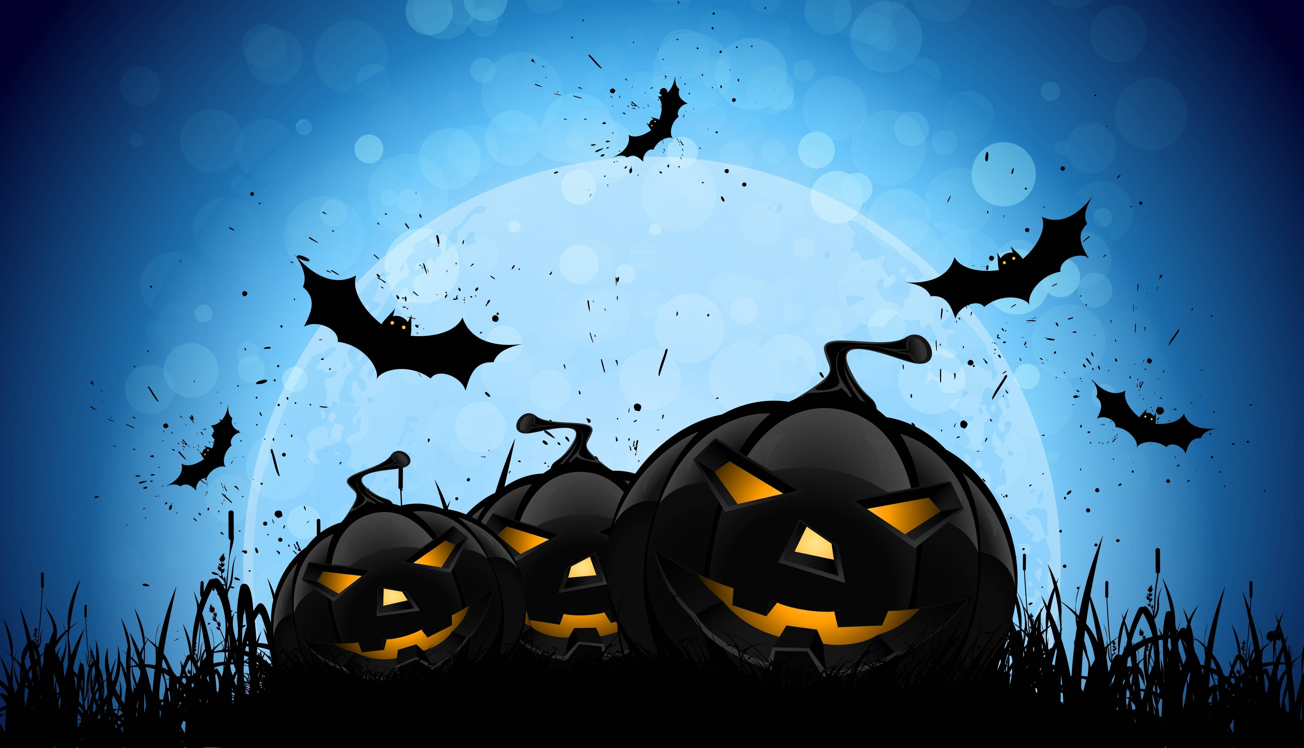 three carved pumpkins, glowing jack-o'-lanterns, sharp teeth, 4K Desktop Wallpaper