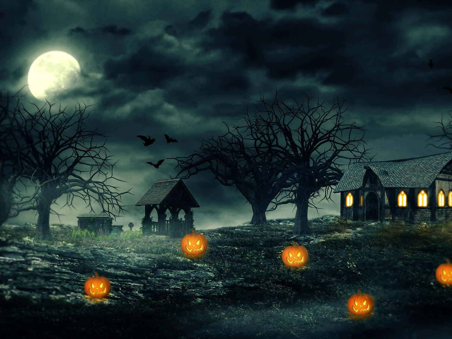 Halloween, jack-o'-lanterns, haunted house, HD Desktop Wallpaper