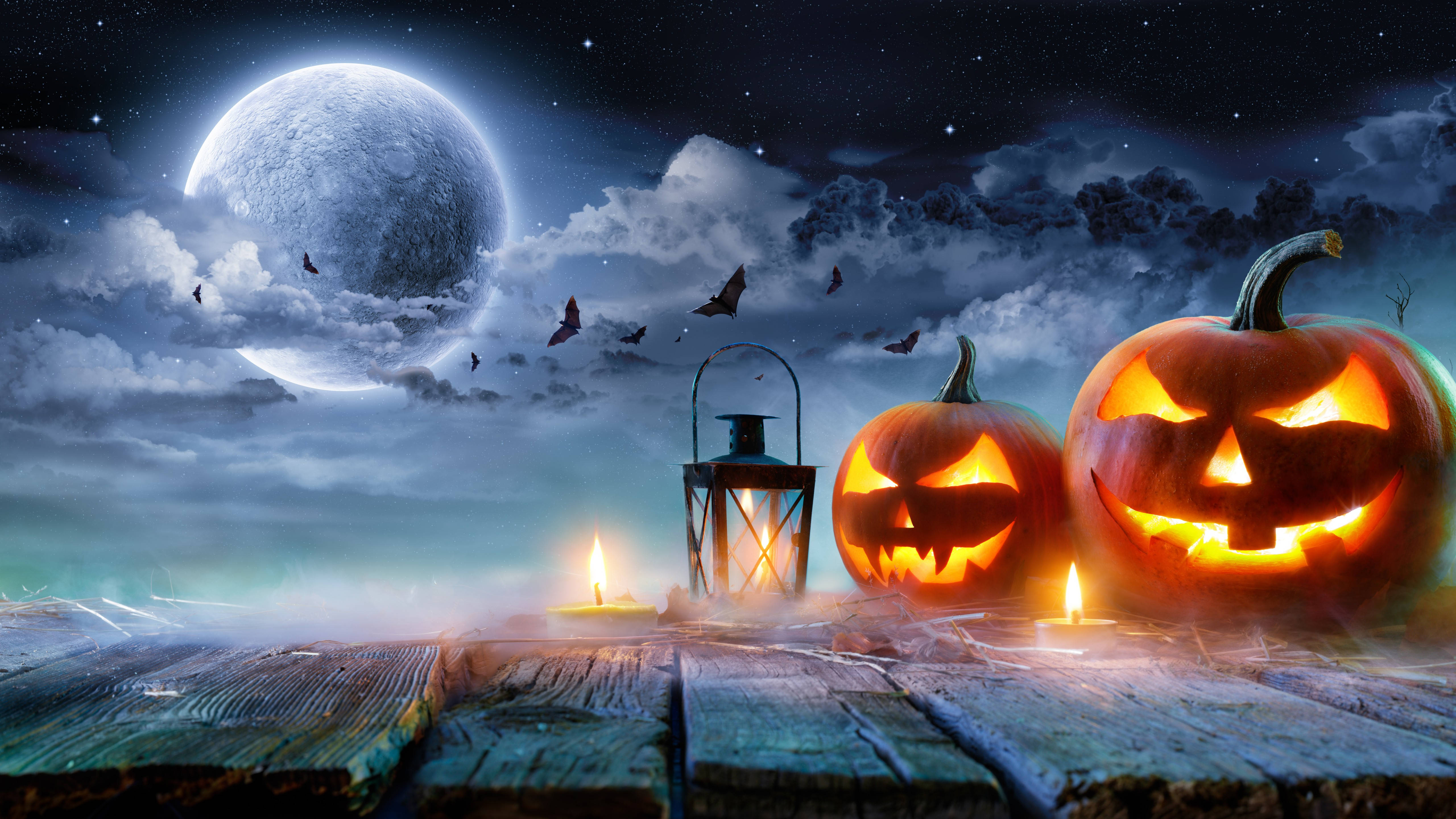 jack-o'-lanterns, lantern, weathered wood, 5K Desktop Wallpaper