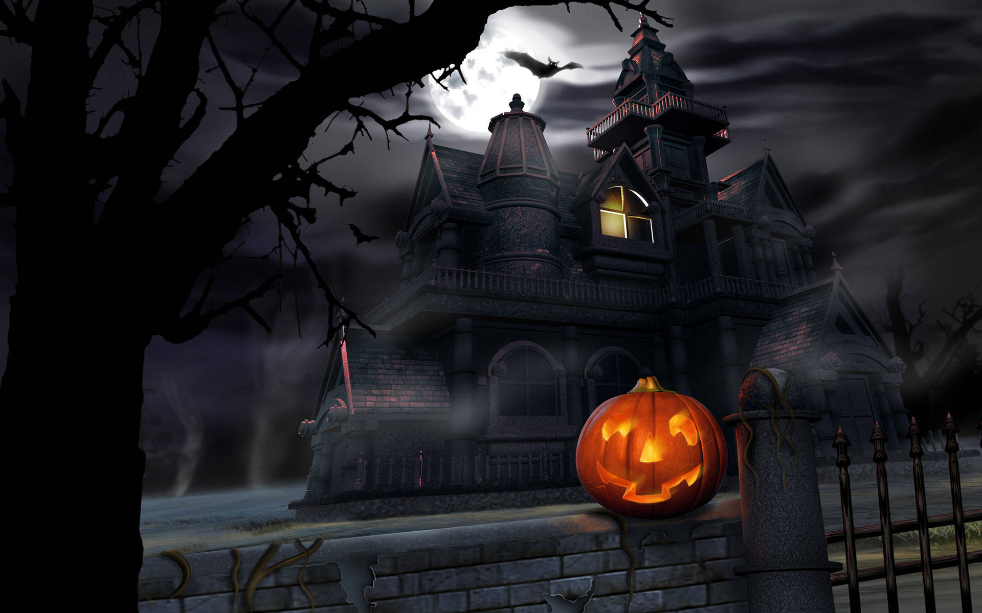 jack-o'-lantern, haunted mansion, full moon, Full HD Desktop Wallpaper