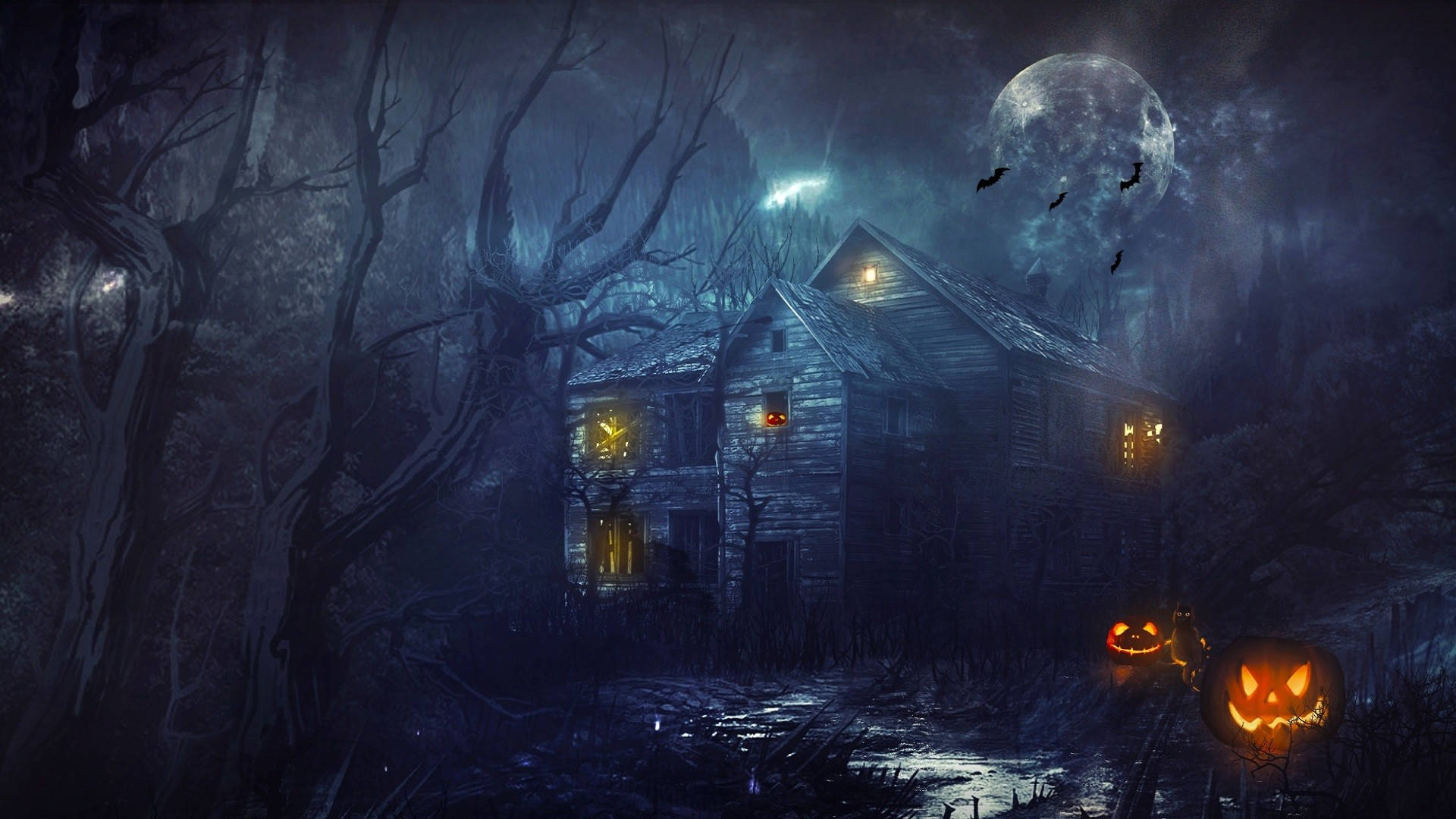 haunted house, glowing windows, jack-o'-lanterns, Full HD Desktop Wallpaper