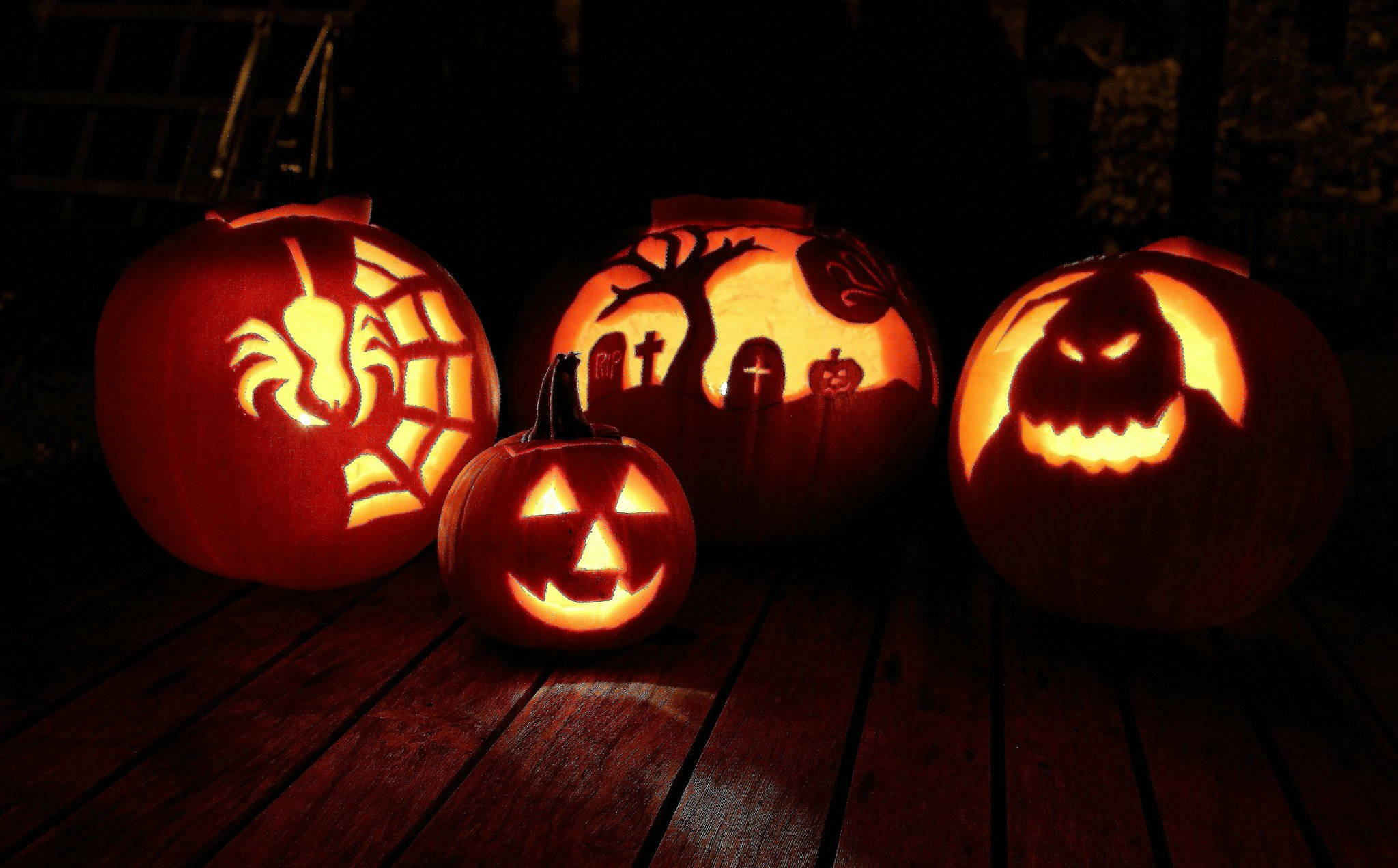 carved pumpkins, glowing pumpkins, spooky faces, Full HD Desktop Wallpaper