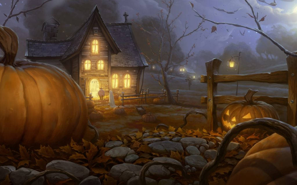 Halloween, haunted house, giant pumpkins, SD Desktop Wallpaper