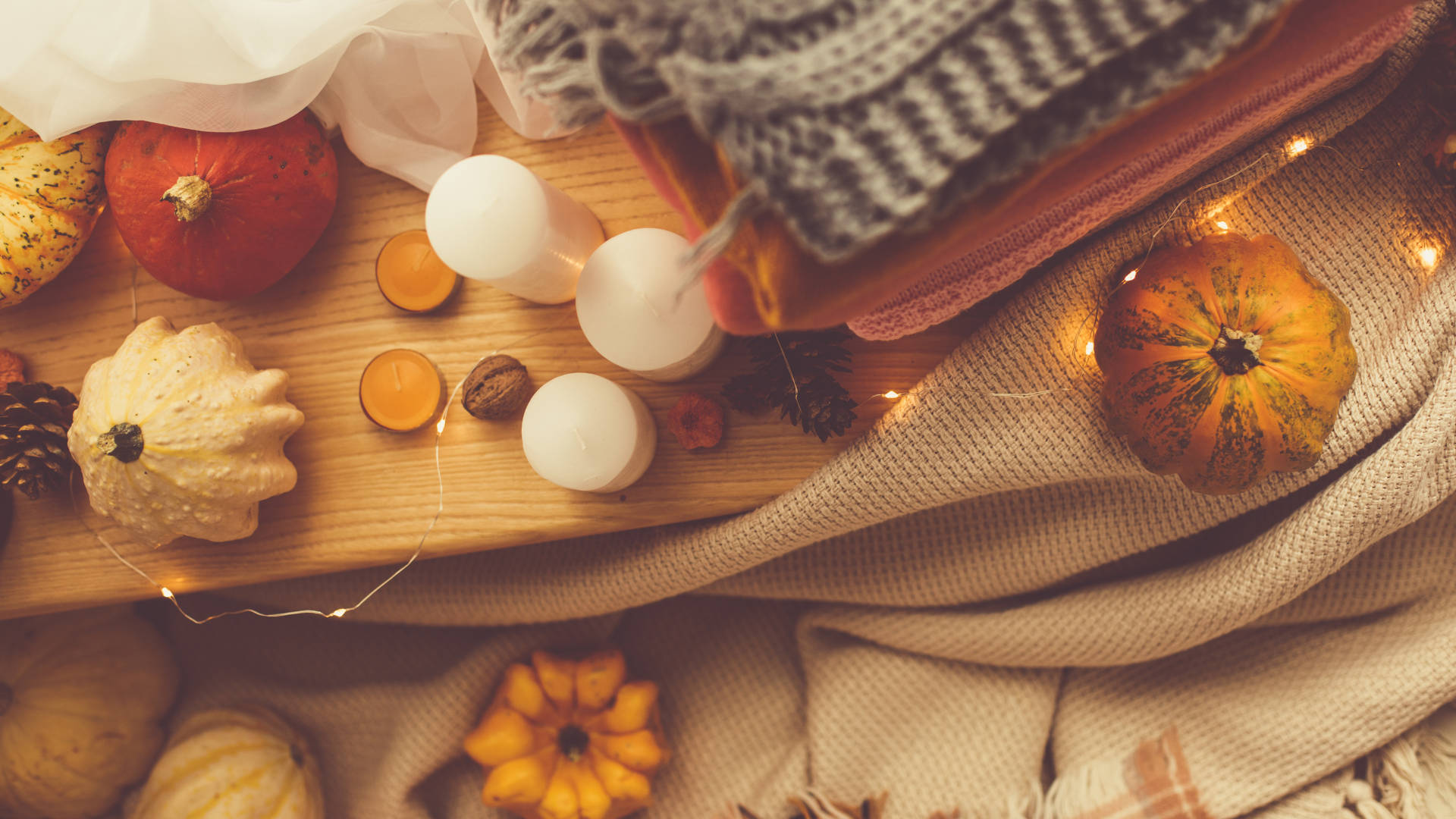pumpkin, candles, knit blanket, Full HD Desktop Wallpaper