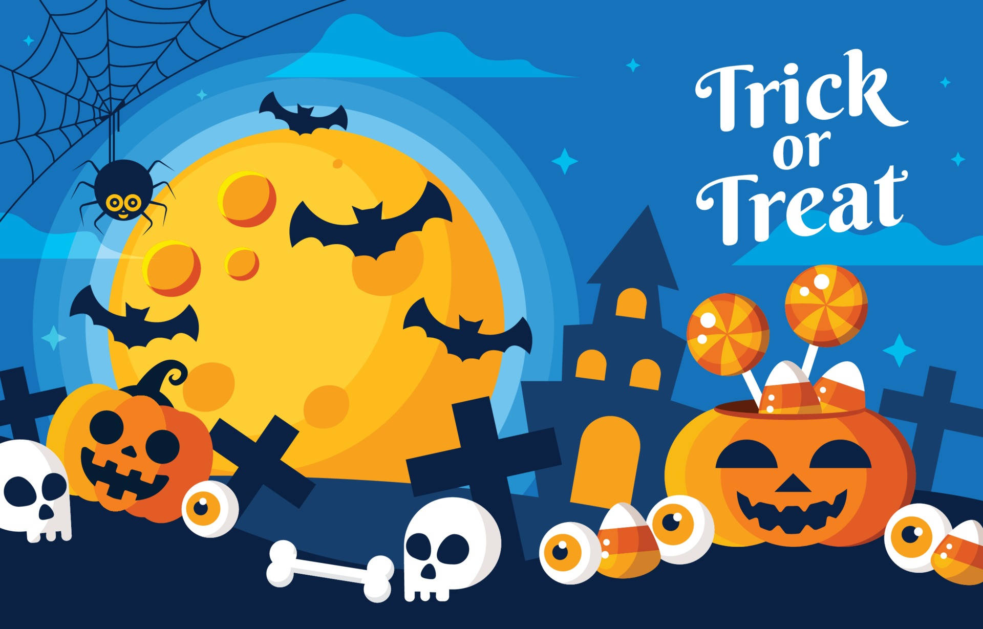 Halloween Computer, smiling moon, bats, Full HD Desktop Wallpaper