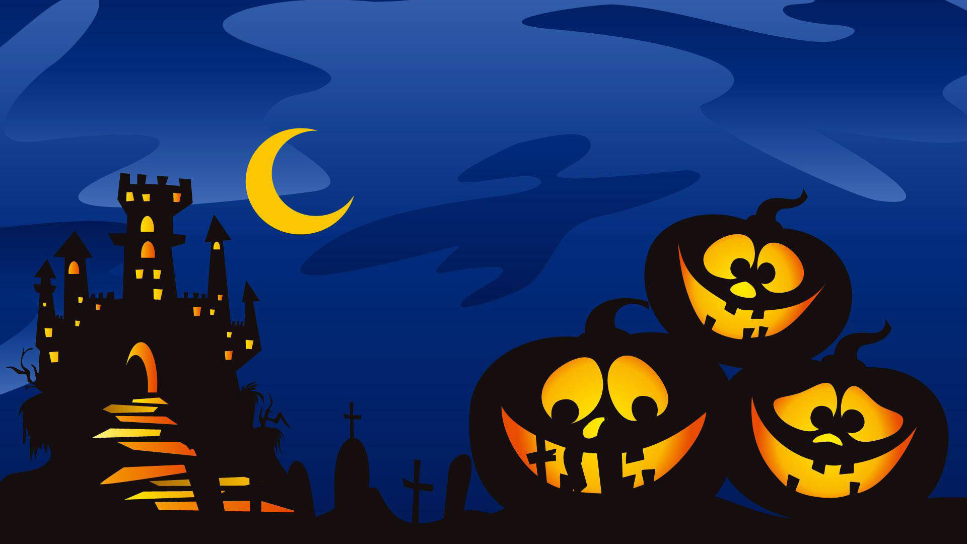 jack-o'-lanterns, spooky castle, crescent moon, Full HD Desktop Wallpaper