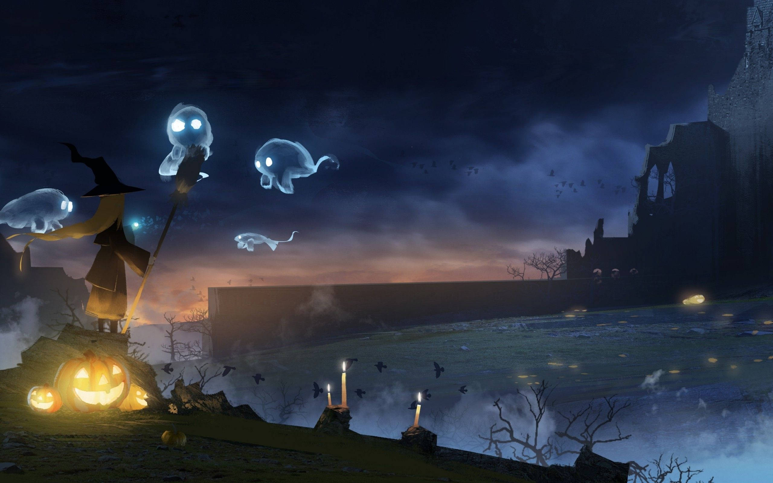 witch, glowing eyes, floating ghosts, 2K Desktop Wallpaper