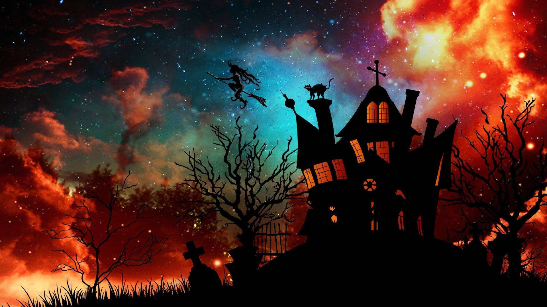 witch, cemetery silhouette, haunted house silhouette, Full HD Desktop Wallpaper