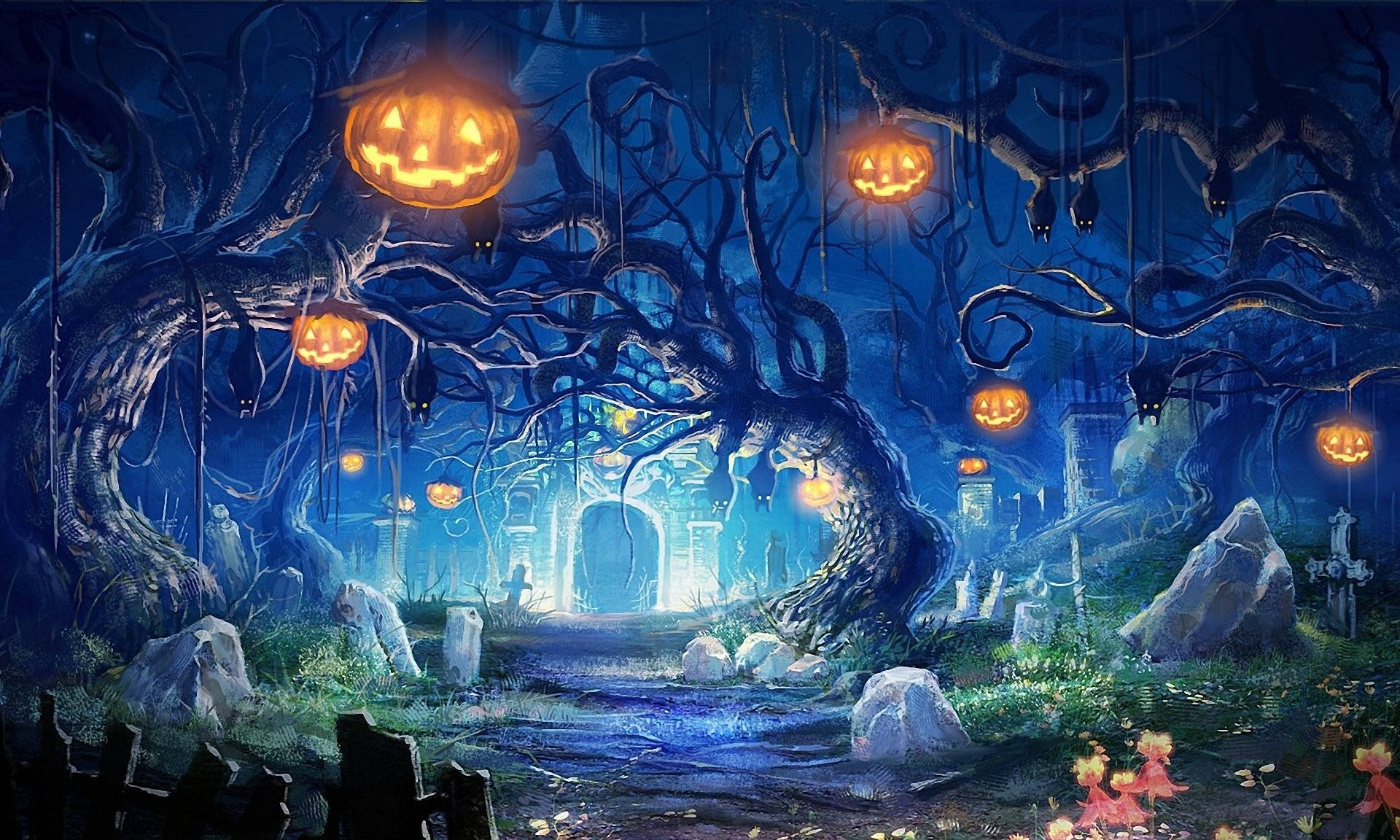 spooky cemetery, Halloween forest, glowing jack-o-lanterns, Full HD Desktop Wallpaper