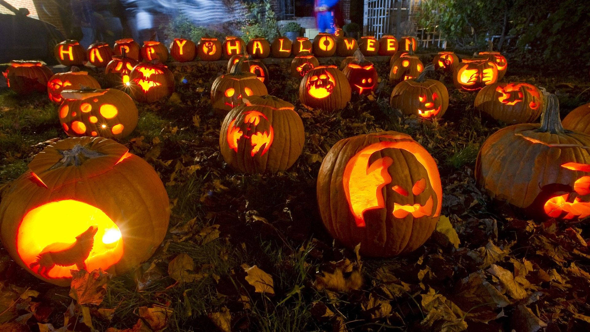 Halloween Computer, carved pumpkins, spooky faces, Full HD Desktop Wallpaper