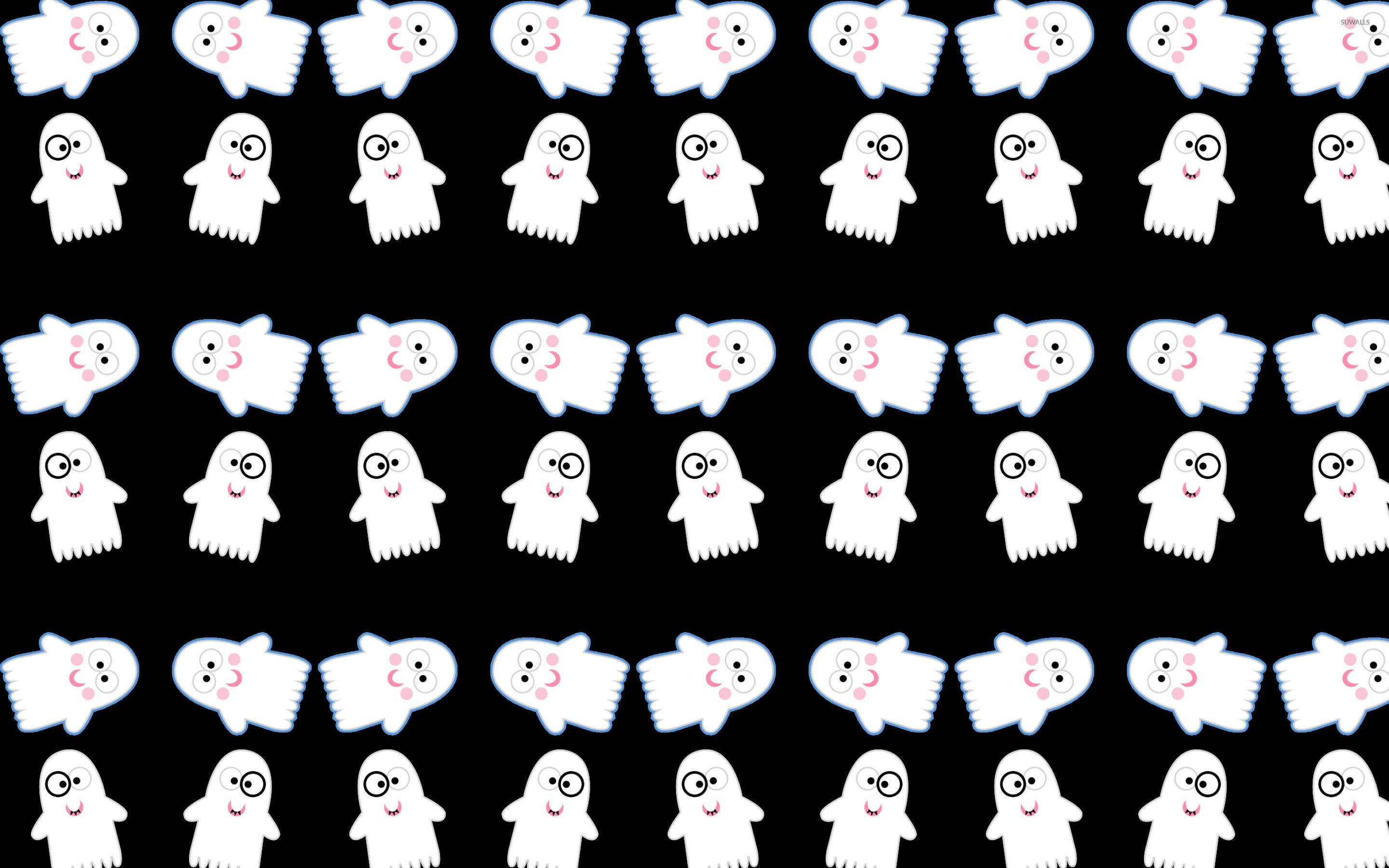 cute white cartoon ghosts, pink cheeks, smiling faces, 2K Desktop Wallpaper