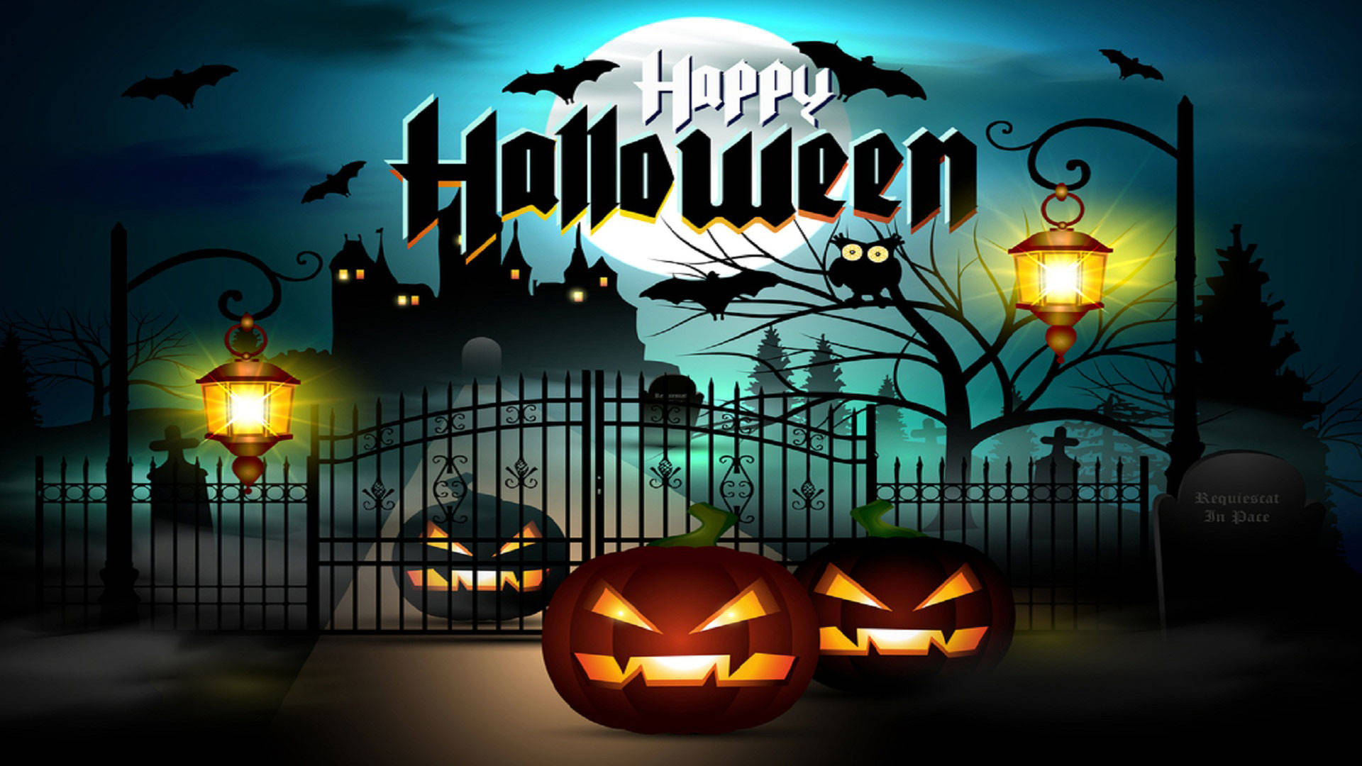 Happy Halloween Computer, castle, pumpkins, Full HD Desktop Wallpaper