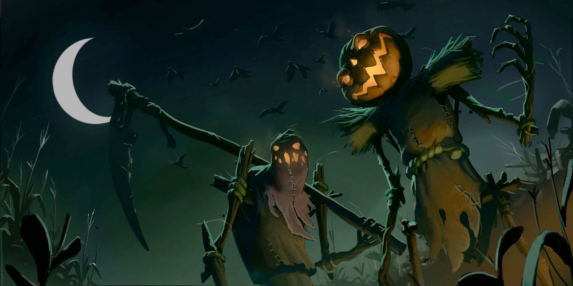 pumpkin scarecrows, scythe, glowing jack-o-lantern heads, Full HD Desktop Wallpaper