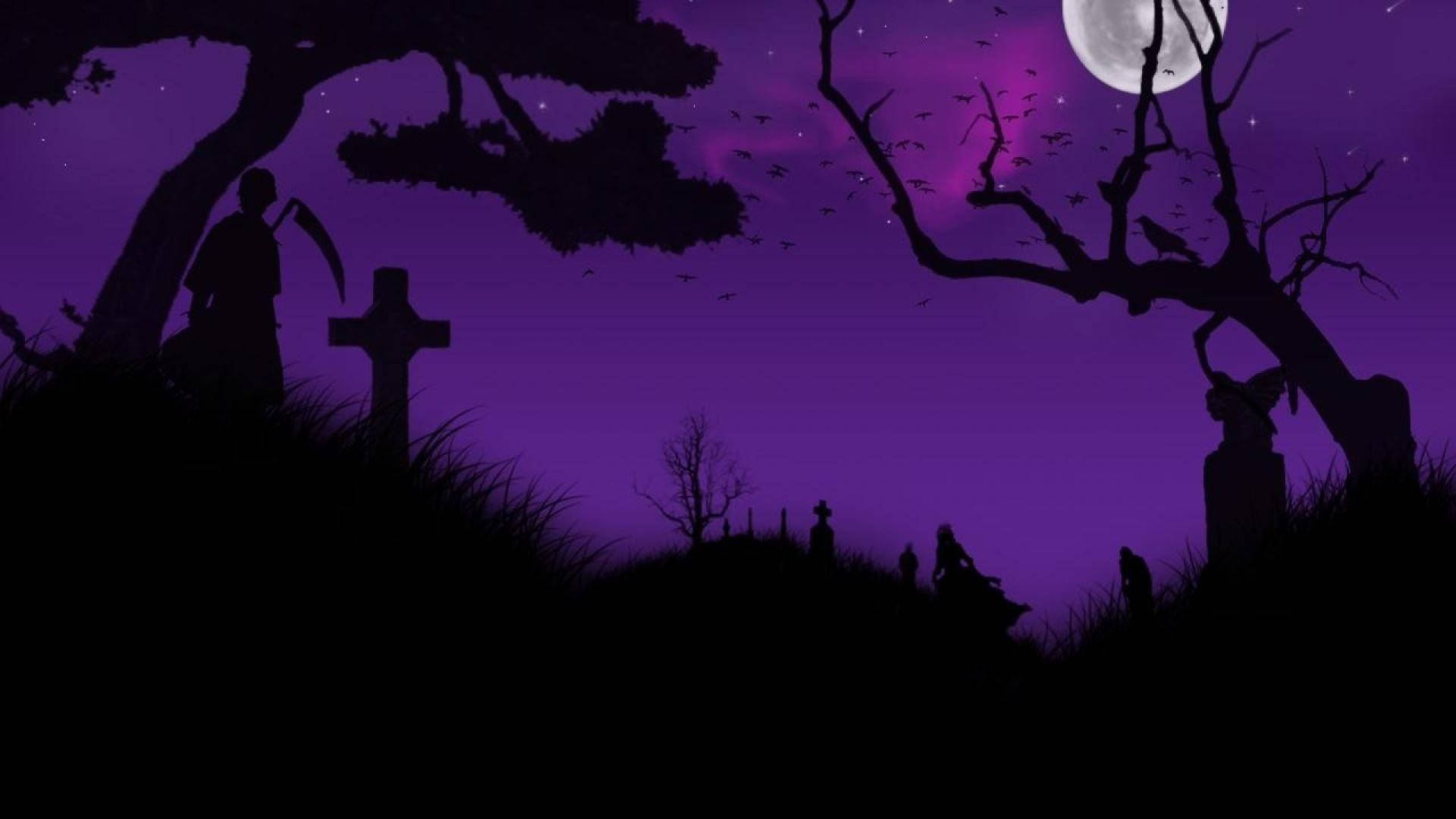 spooky cemetery, glowing purple moon, bats flying, Full HD Desktop Wallpaper