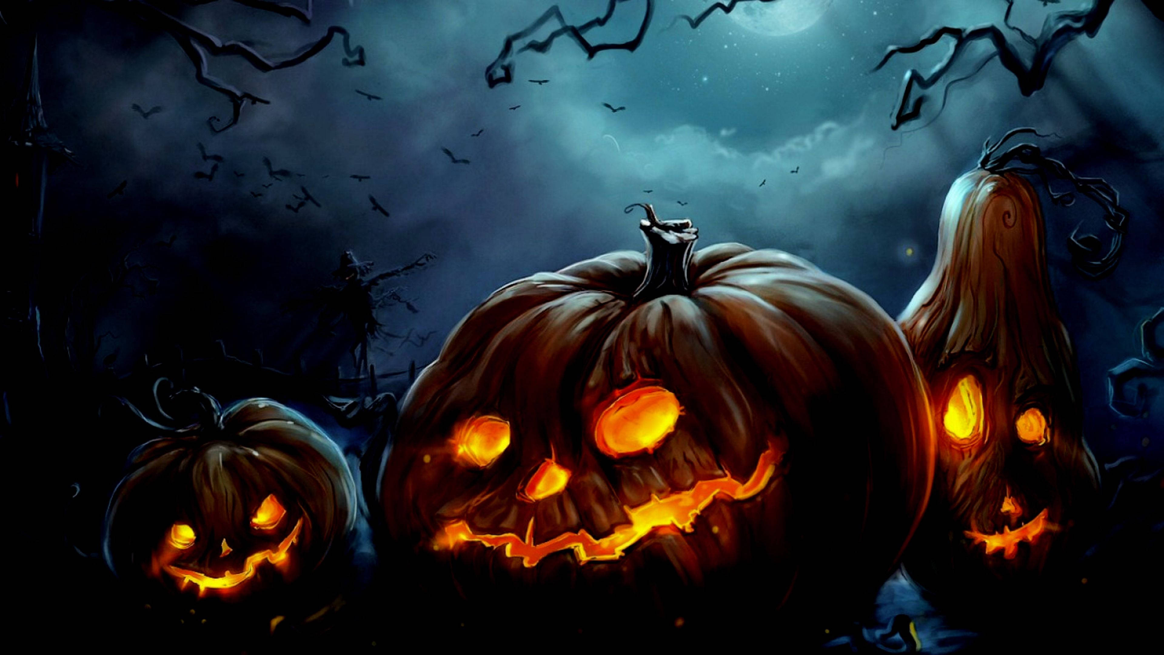 carved pumpkins, fiery eyes, jagged grins, 4K Desktop Wallpaper