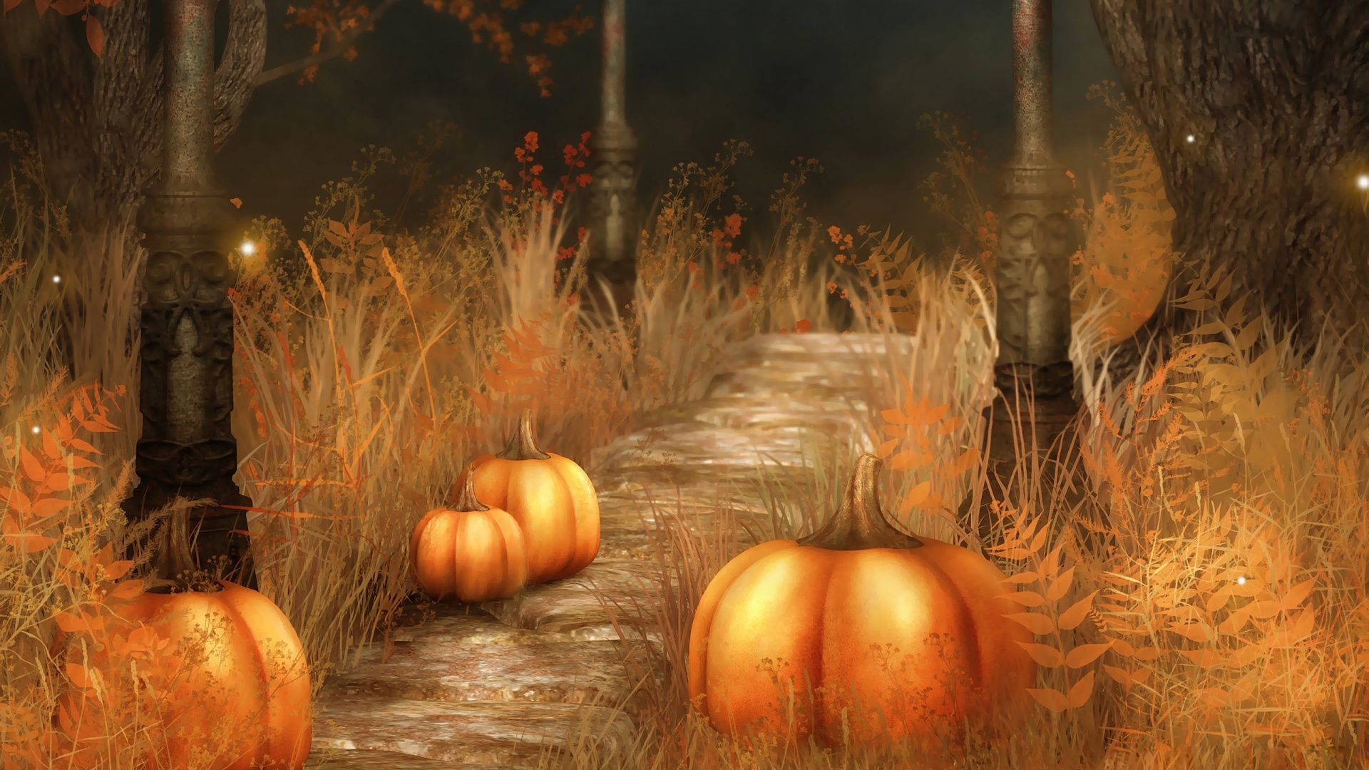 Pumpkins, Grassy road, Ancient stone pillars, Full HD Desktop Wallpaper