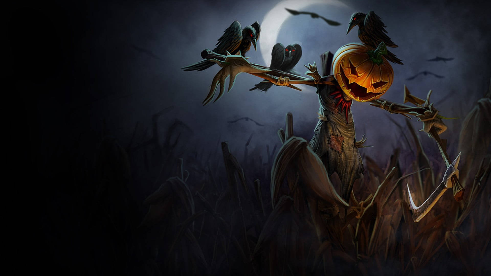 Pumpkin Scarecrow, glowing jack-o-lantern head, crows, Full HD Desktop Wallpaper