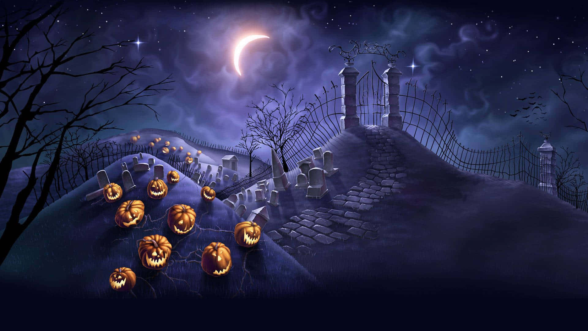 Halloween, graveyard, crescent moon, Full HD Desktop Wallpaper