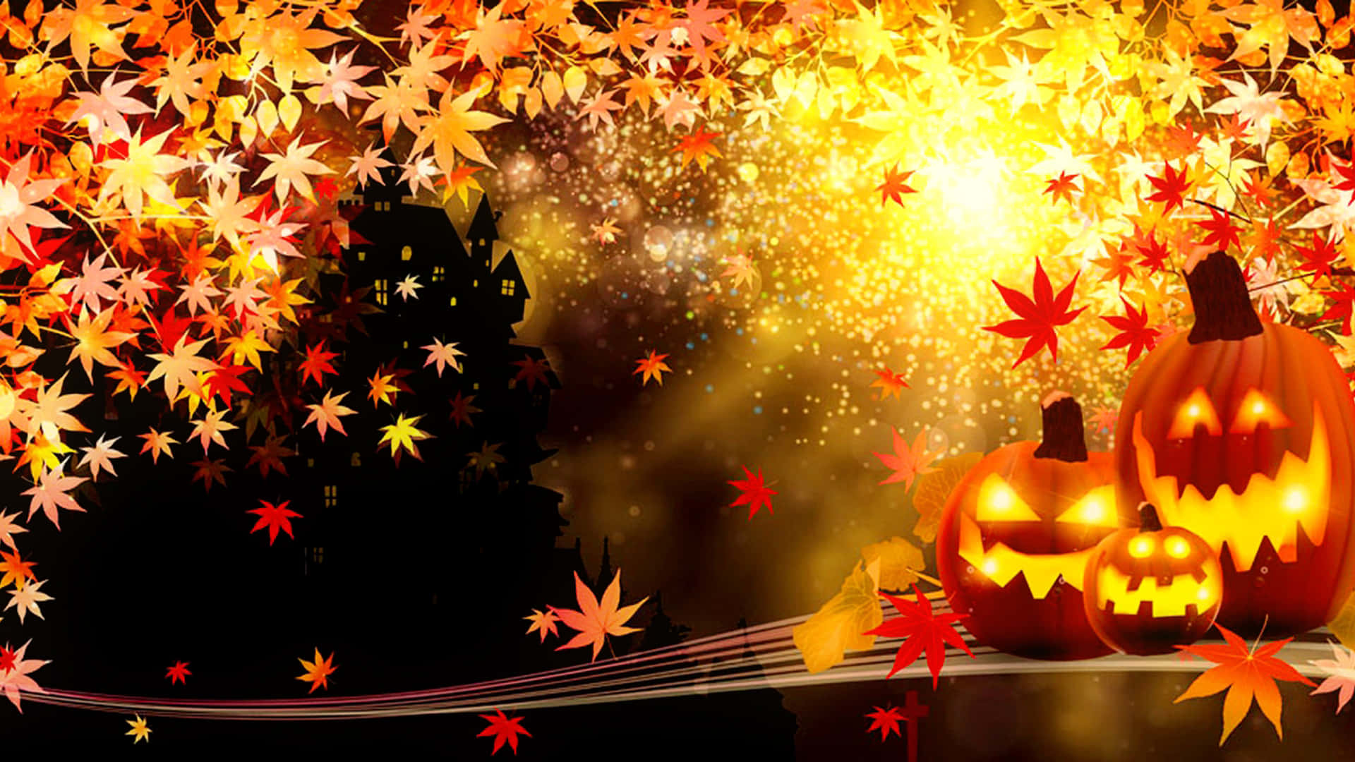 jack-o-lanterns, fiery autumn leaves, dark haunted house silhouette, Full HD Desktop Wallpaper
