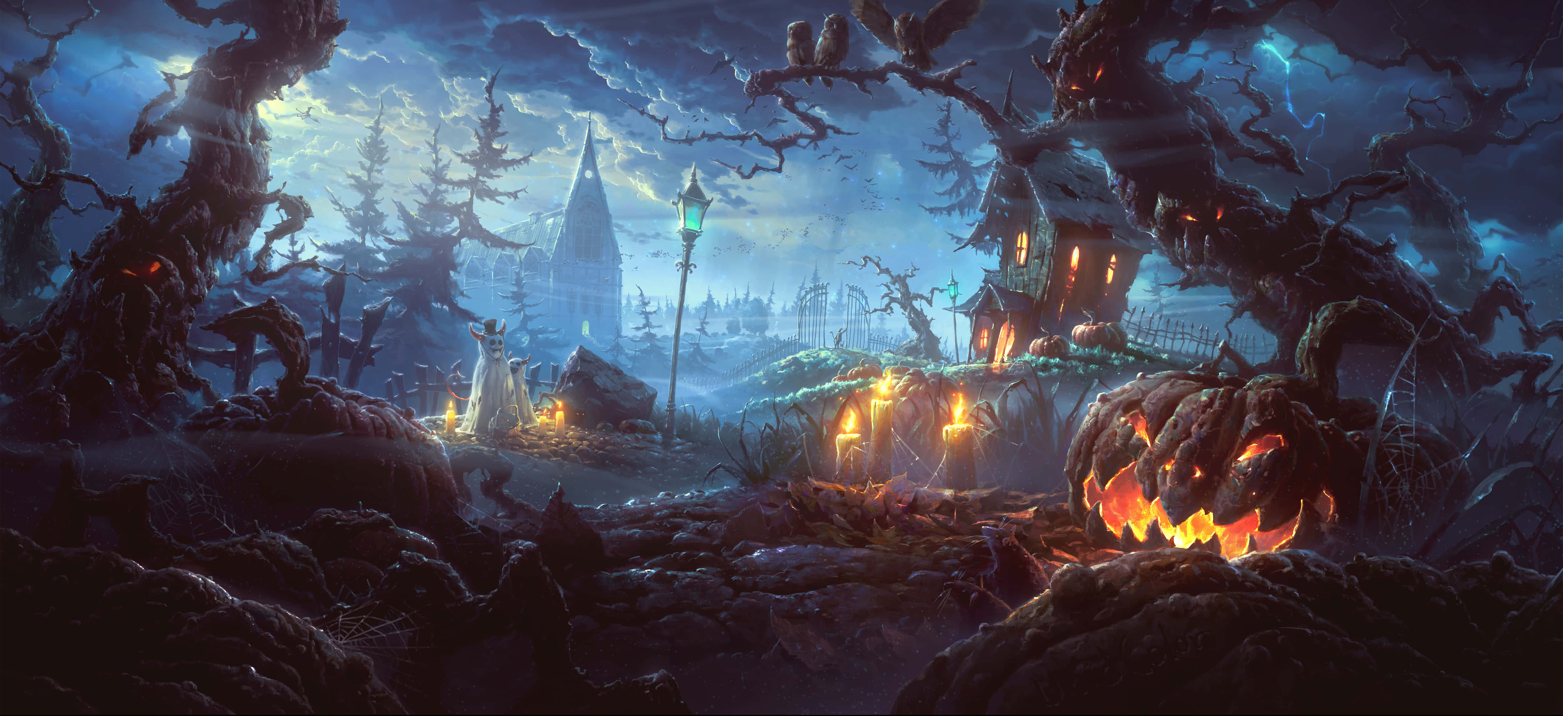 Halloween, jack-o-lanterns, twisted trees, 4K Desktop Wallpaper