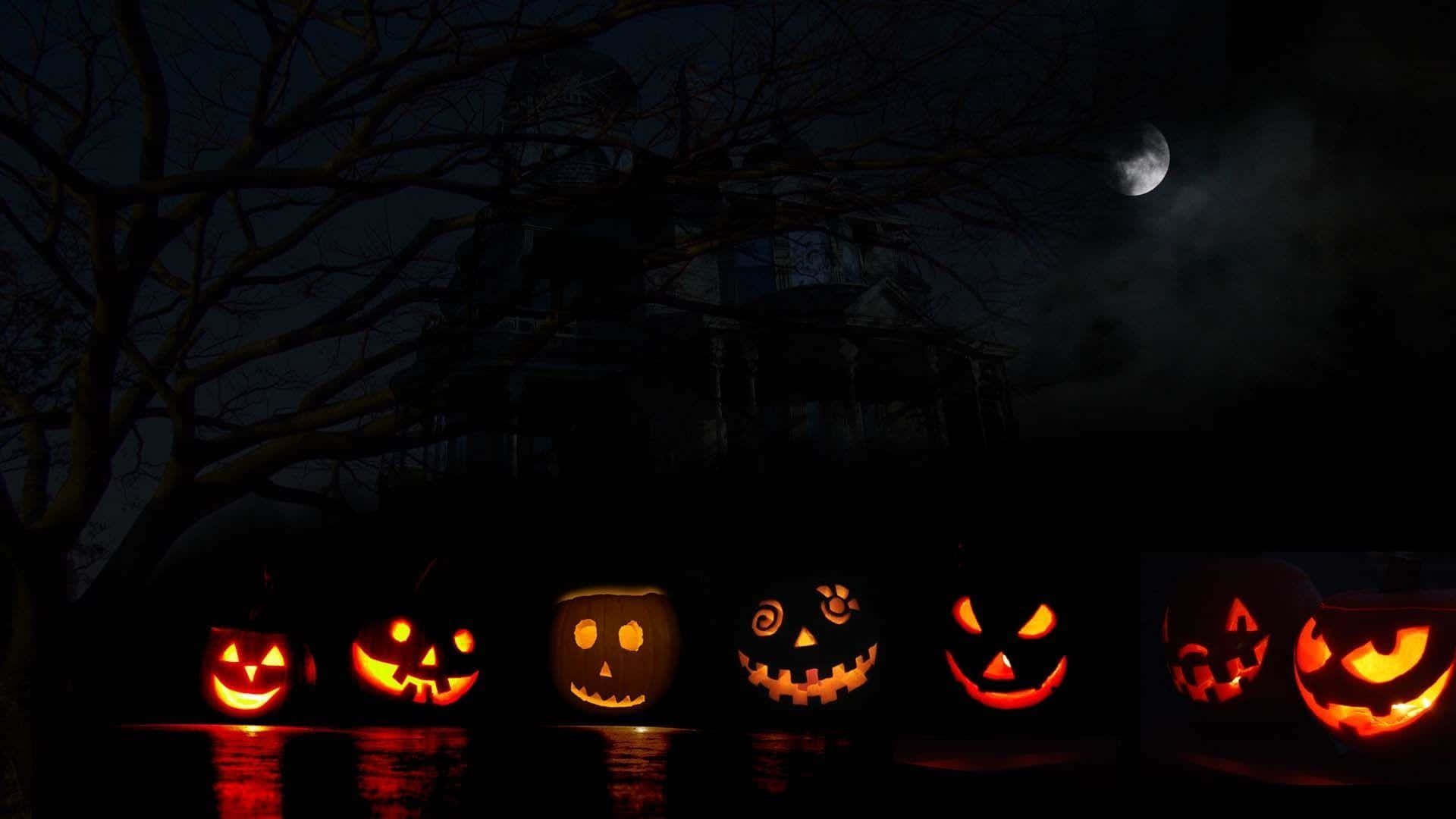 jack-o'-lanterns, dark water's edge, haunted mansion, Full HD Desktop Wallpaper