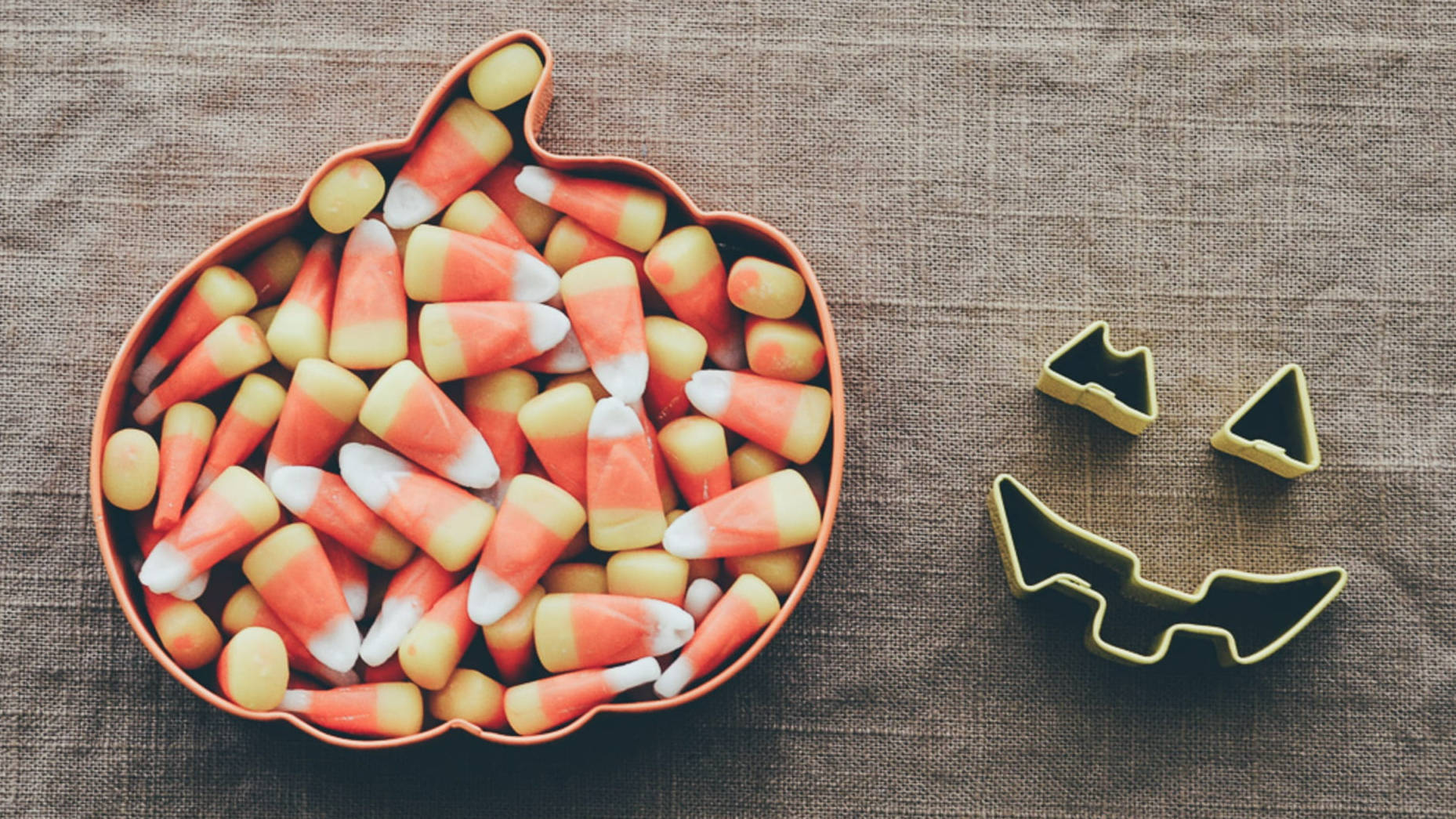 pumpkin-shaped bowl, candy corn, jack-o-lantern cookie cutters, HD Desktop Wallpaper