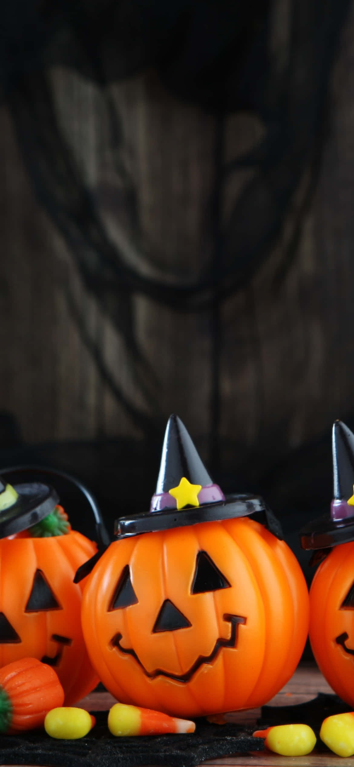 Halloween Pumpkin Candy Holders, orange plastic jack-o-lanterns, witch hats, Full HD Phone Wallpaper
