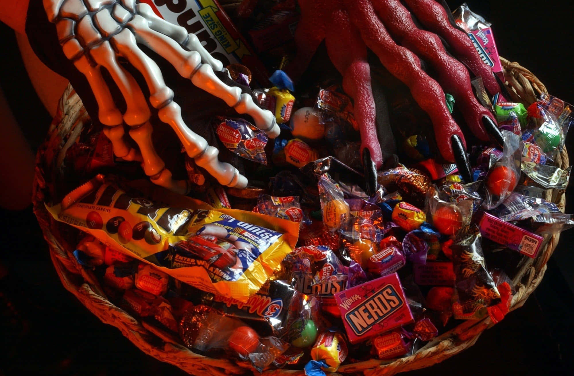 Halloween treats, spooky treats, basket overflowing with colorful Halloween candy, Full HD Desktop Wallpaper