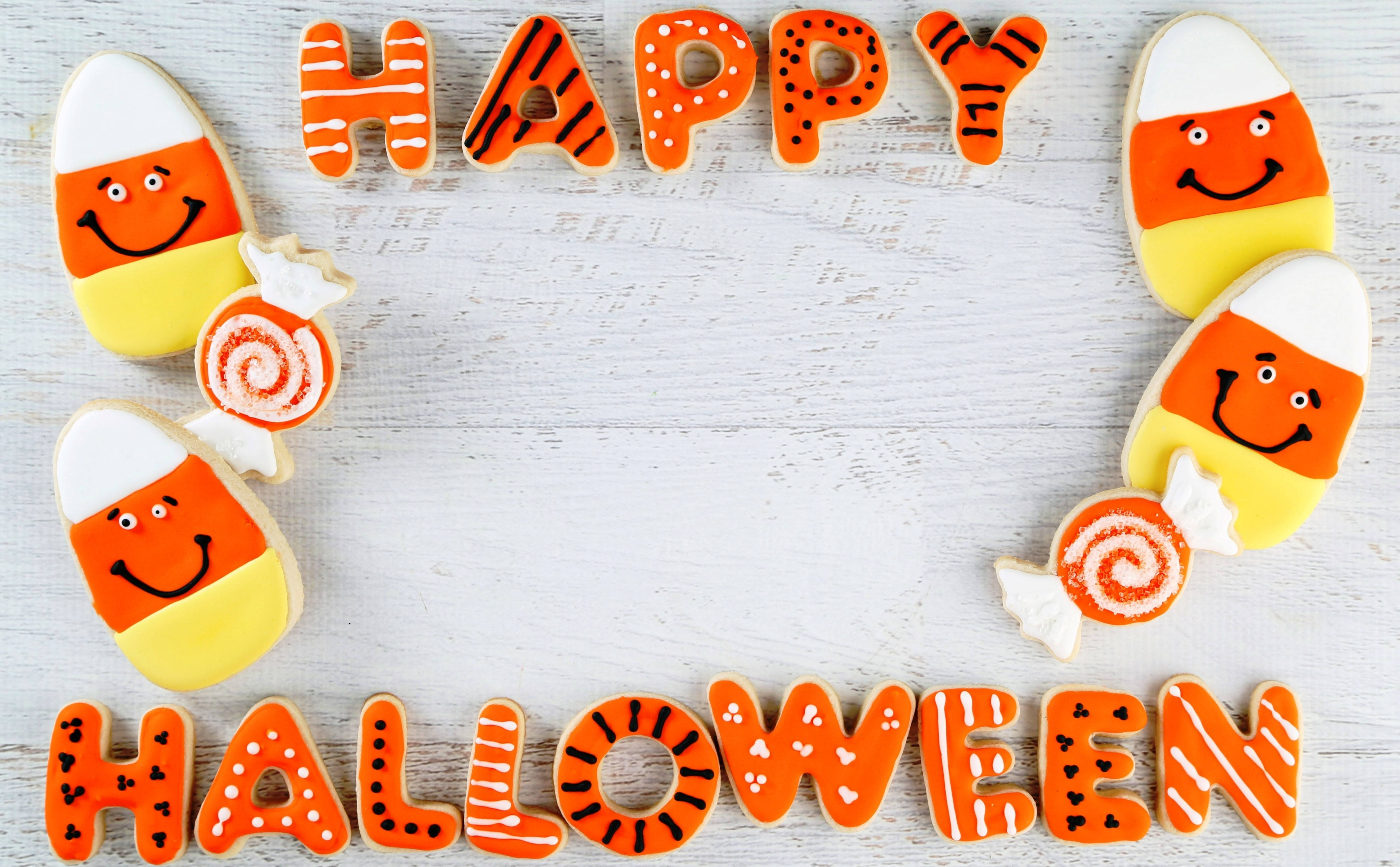 Happy Halloween, orange, candy corn, 4K Desktop Wallpaper