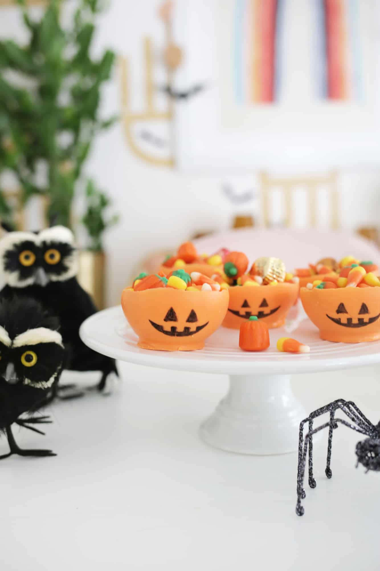 orange jack-o-lantern bowls, candy corn, white cake stand, Full HD Phone Wallpaper