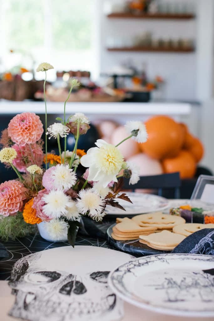 Halloween, kitchen scene, skull plates, SD Phone Wallpaper