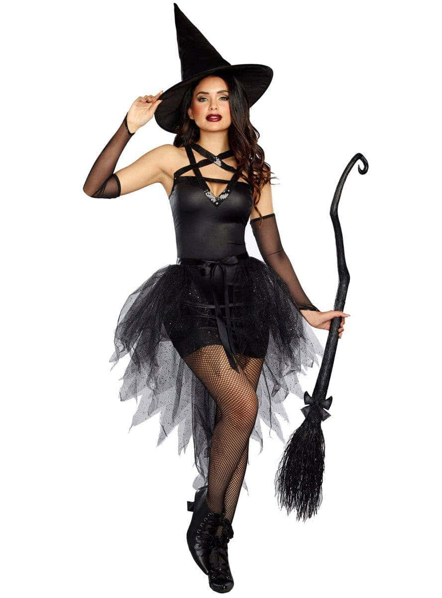 black witch costume, pointed hat, broomstick, SD Phone Wallpaper