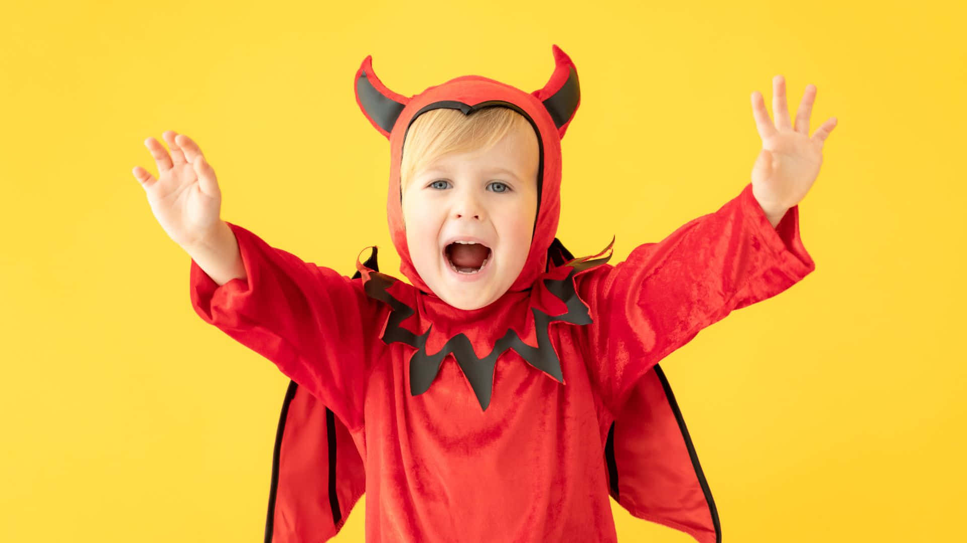 toddler, red devil costume, black horns, Full HD Desktop Wallpaper