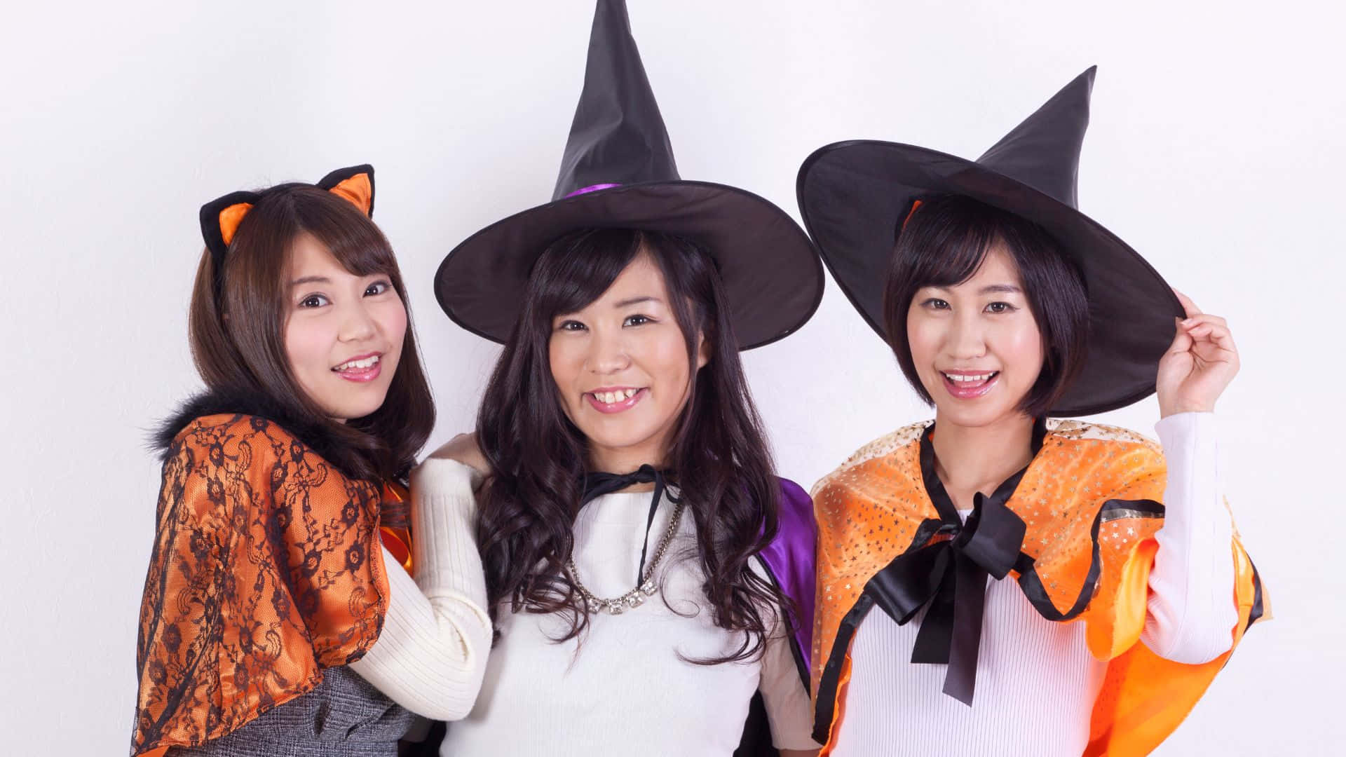 Halloween Costumes, white background, three smiling young women, Full HD Desktop Wallpaper