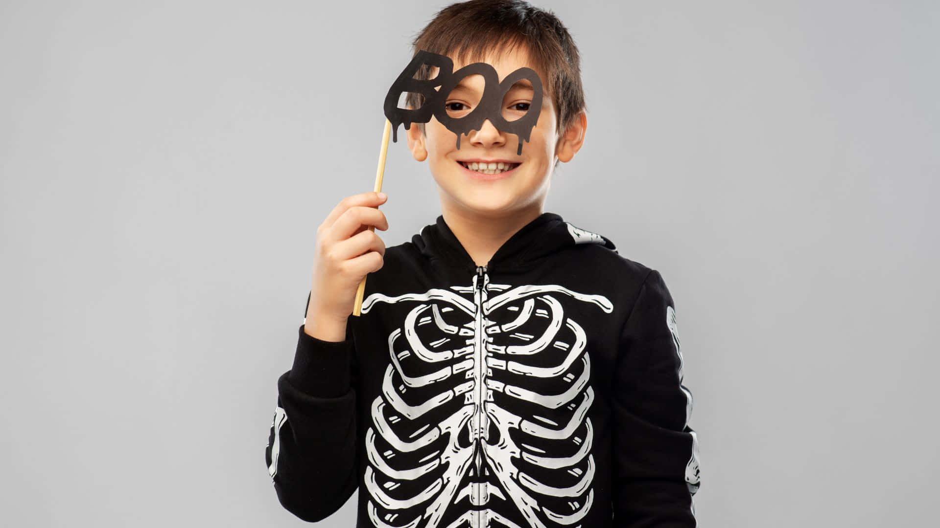 black skeleton hoodie, boo cutout, smiling boy, Full HD Desktop Wallpaper