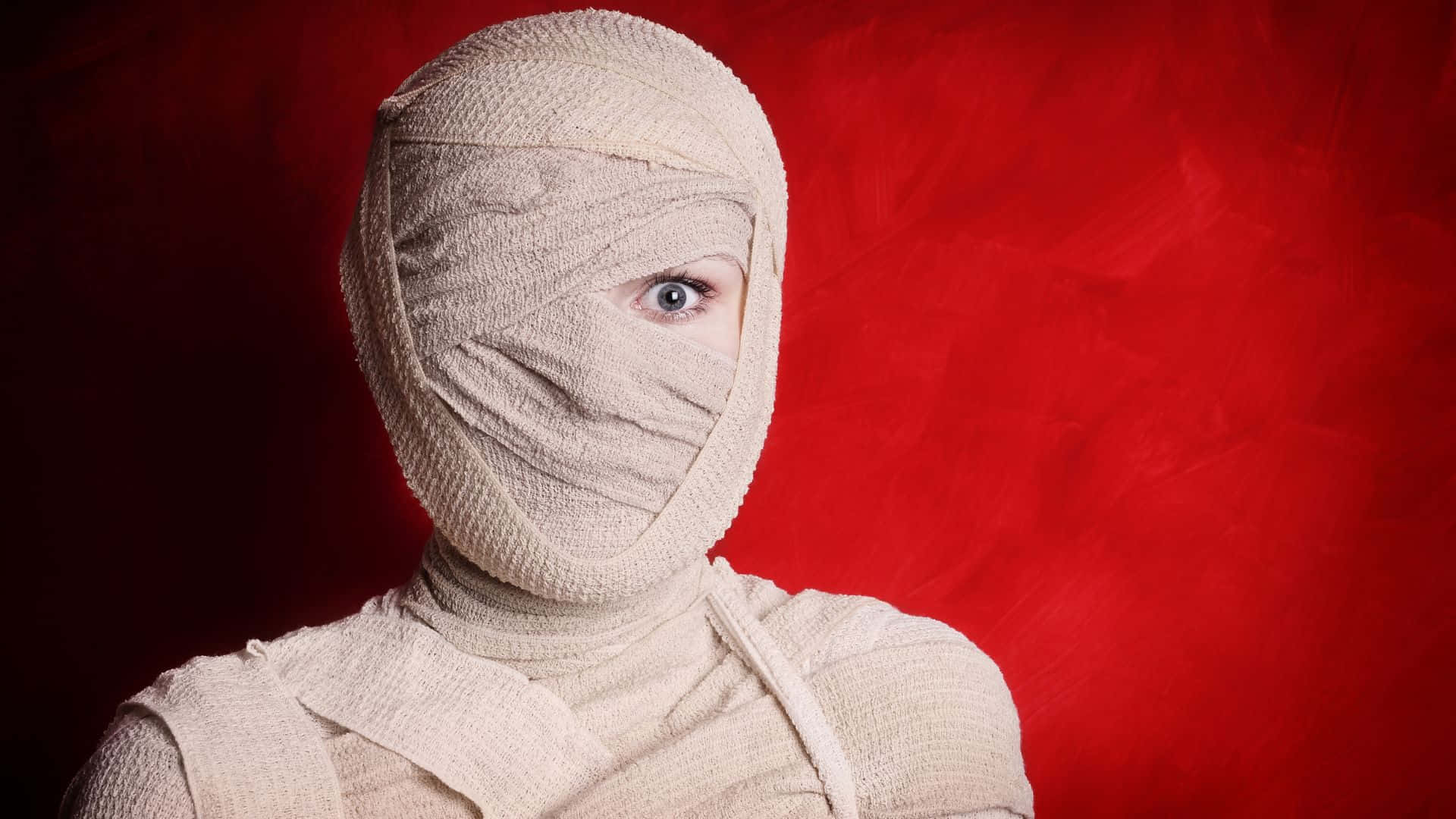 beige bandages, piercing blue eye, textured red background, Full HD Desktop Wallpaper