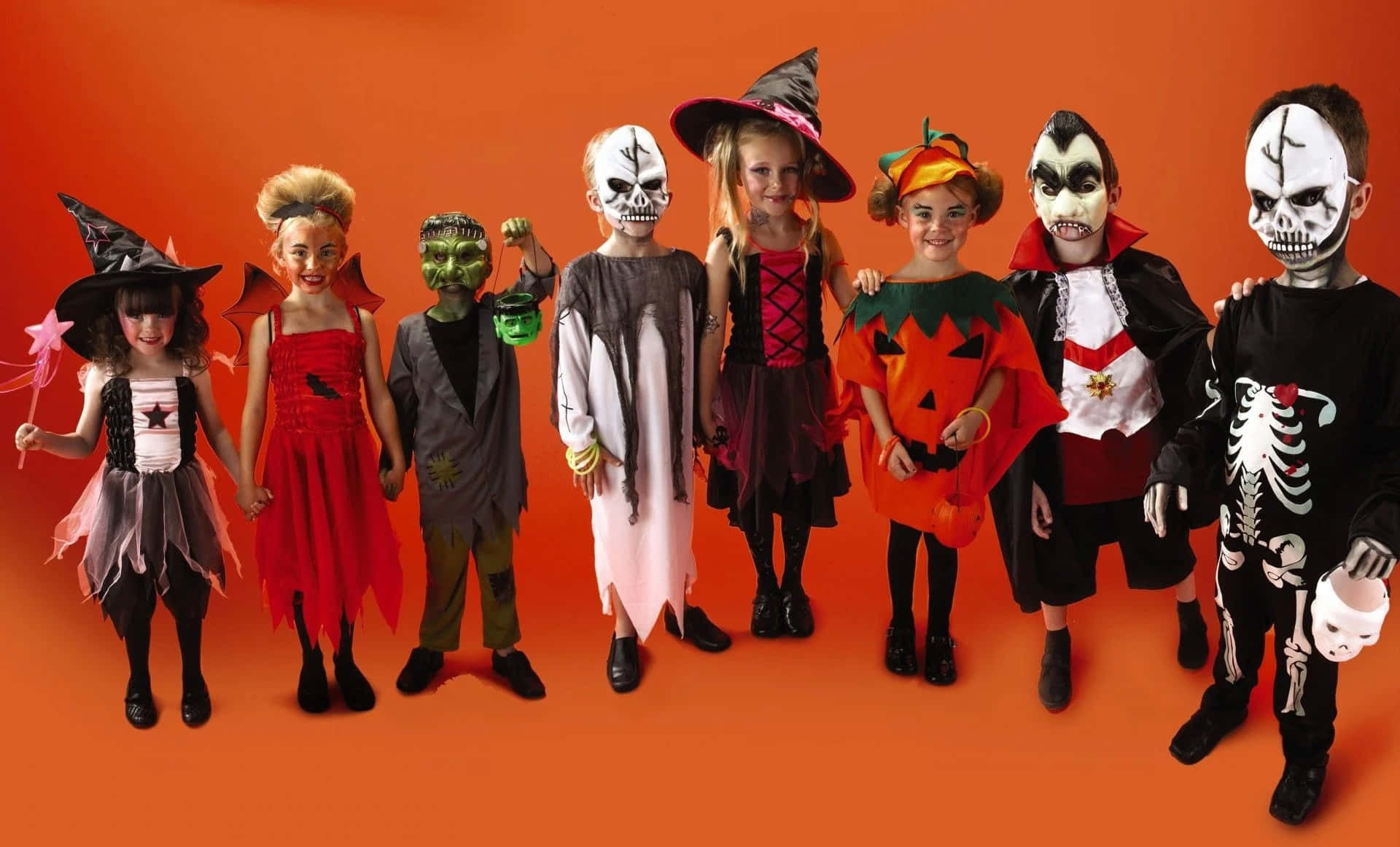 Halloween Costumes, colorful Halloween costumes, seven children, Full HD Desktop Wallpaper